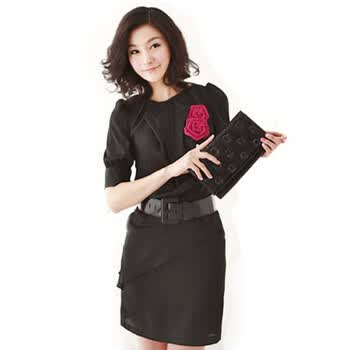 尚贵华2012春新品女士职业气质绿黑色短袖连衣裙+花 热销~~ 黑色 XL
