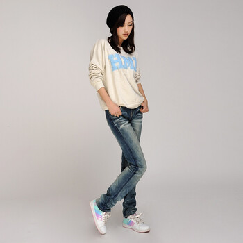 韩都衣舍 韩国2011秋冬季新品做旧直筒女牛仔裤FP0094 蓝色 L