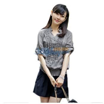 吾爱依品 韩国春夏时尚休闲圆点压褶木耳边V领卷袖女衫 A766 灰色 均码