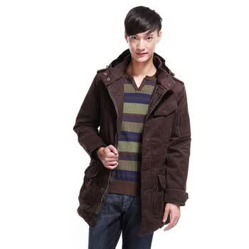 汤尼俊士(Tonyjeans)全棉直贡连帽长外套棉衣1210404310-49 褐色 XL