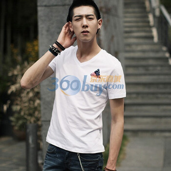 时尚起义 韩国方巾装饰V领T恤 男585294 纯白色 one