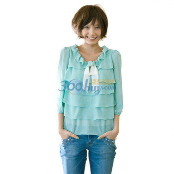 歌莉娅GOELIA 2012春季新款 蝴蝶结衬衫22E3B38B 蓝色 L