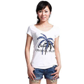 FUFM由你由我女装夏款新品经典V领棉质椰树女士短袖T恤W11SST097 白色 L