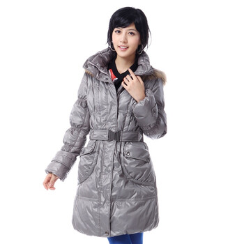 新品雅鹿女士貉子毛条细格羽绒服 ^@^LD25080 米褐色 XXL