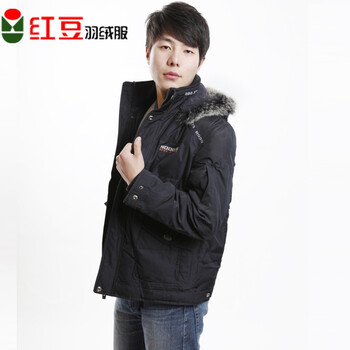 红豆羽绒服 男可脱毛帽字母休闲加厚短款7003 A01黑色 180