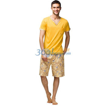 新春新款 爱帝男士长绒棉时尚V领短袖短裤家居套9105340101 橙黄 3XL