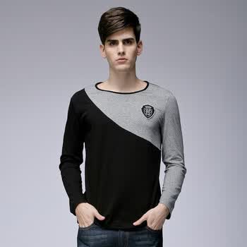 秋季新款 GXG 休闲 男士撞色长袖拼接T恤#03134074 黑色 XL
