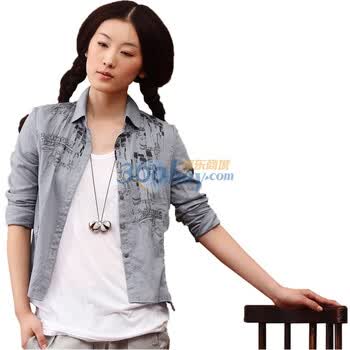 茵曼INMAN 2012春夏新款翻领印花纯棉长袖女衬衣821011178 灰色 XXL