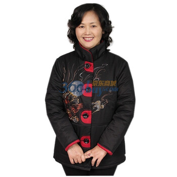 露西法兰 中老年女装冬装新款 妈妈装 端庄立领气质绣花休闲棉衣棉服 JS-财富鸟668 黑色 XXXXL