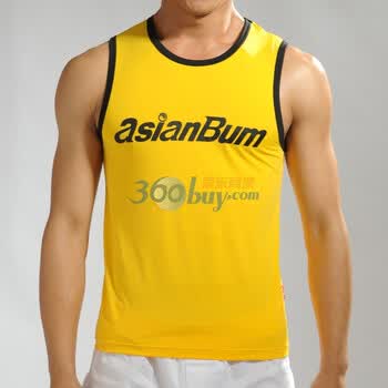 Asianbum春夏新款 时尚印花 爽滑冰丝修身宽肩男士背心 健身运动背心 U5898A 黄色 XL