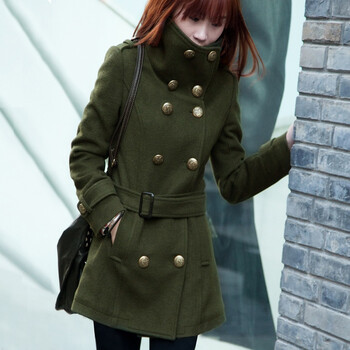 十衣素 新品/双排扣/呢大衣女/外套/女装2532 军绿色 XL