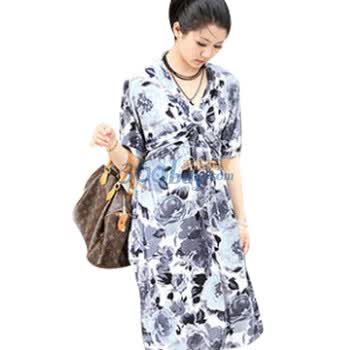 莱薇妈咪 新款 夏装优雅V领开肩袖韩版孕妇裙 哺乳裙96329灰色M