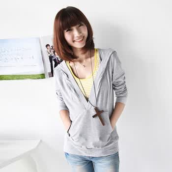 韩都衣舍 韩国新款女秋装韩版长袖连帽卫衣GS1235 灰色 均码