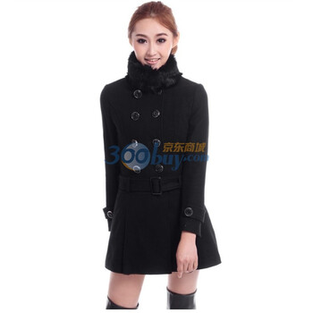 EyesonU 2012新精品立领修身百褶裙秋冬毛领女士大衣外套D514 黑色 XL