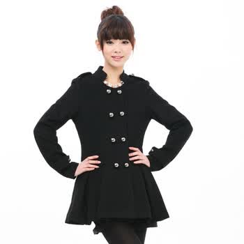音曲女装 贺新年 冬装新款 长款修身立领双排扣大衣 ECDSW072 黑色 XL