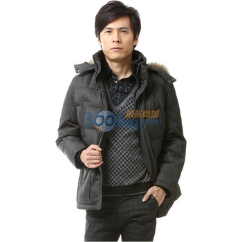 新品 雅鹿 男士貉子毛条连帽商务休闲羽绒服 ^@^YM19310 黑灰 XXXL