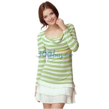 卓欧2012女装新款 条纹针织拼接淑女百褶裙连衣裙F202019 绿色 XL