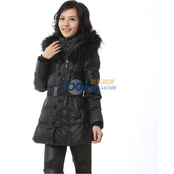 2011 新品 雅鹿 貉子毛 女士双领腰带一手长羽绒服 ^@^YM10370 黑色 180/104B(XXXL)