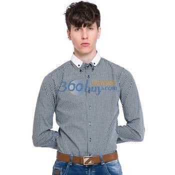 佐肯EingeZogen男士时尚休闲黑白格子双层领修身长袖衬衫 CS1101 黑色 XXL