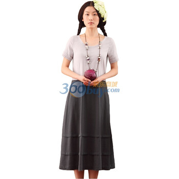 茵曼INAMN2012夏装新款撞色拼接圆领连衣长裙922102394 杏色 XL