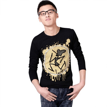 韩都衣舍 韩国2012春季新品春装韩版男装图案长袖T恤OD2010 黑色 XL