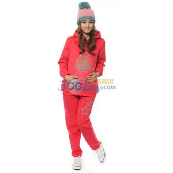 Kidsmile孕妇装 秋冬 孕妇裤 孕妇家居服时尚dress带花边图案连帽孕妇运动套装 加绒加厚 TWZ058 红色 均码