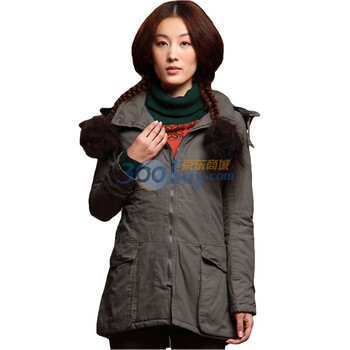 茵曼 INMAN 新款连衣帽长款军装式棉衣 JC20089 卡其色 XL