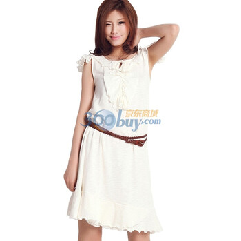 棉花公主 COTTON PRINCESS 春夏款女装OL净色荷叶边淑女中长款连衣裙（送腰带） 1101P538 本白 S