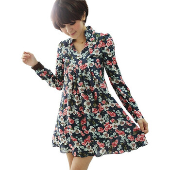乔伊思JOICE 棉绸小V立领A字形碎花泡泡长袖连衣裙7022 花色 L
