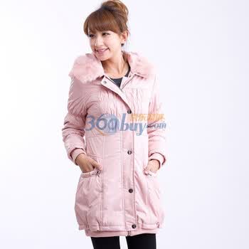 妮蕾迪 新款女装甜美兔毛领加厚长款棉衣棉服1081 粉红 XXL