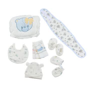 巧尼熊新生儿用品7件套(帽子 手套 脚套 口水巾 手巾 定型枕 肚围) 3299 印蓝 52码