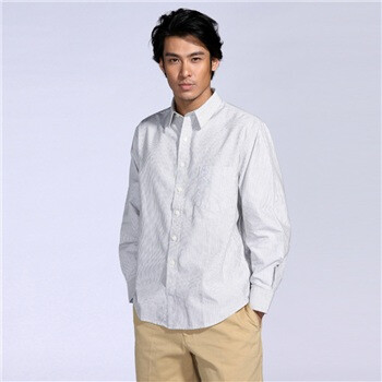 IZOD 秋季新品纯棉条纹小尖领长袖男休闲衬衫 1061912105201钢灰XXL(185/102A)