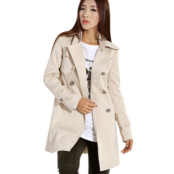 韩都衣舍 韩国风衣秋冬季新品冬装女双排扣翻领风衣GY0079 米色 L