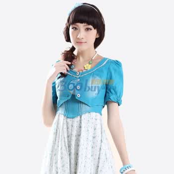 Nemow南梦2012新款春装淑女款花边圆领单排扣短袖超短外套A1D075 蓝色 L