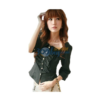 EyesonU 2011新 韩版方口荷叶领女士衬衫 修身时尚百搭衬衫 黑色 L'