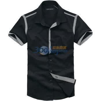 GLM男装格条拼接修身型休闲短袖衬衫042021022 黑色 XXL