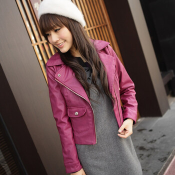 言若 2012新品秋皮夹克粉色机车服小皮衣短款短外套 PC100804 粉红色 M