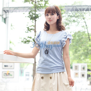 歌莉娅GOELIAT恤海军风层层荷叶T恤107R036W 深蓝色 M