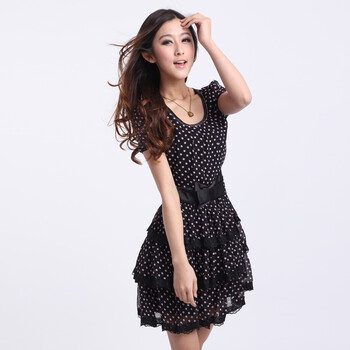 如奕 2012夏季连衣裙 新款 女 可爱波点蛋糕蕾丝雪纺连衣裙 黑色 XL