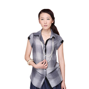 茵曼INMAN 女款 翻领拼接抽褶格子衬衫B10047B10047 灰格 XL