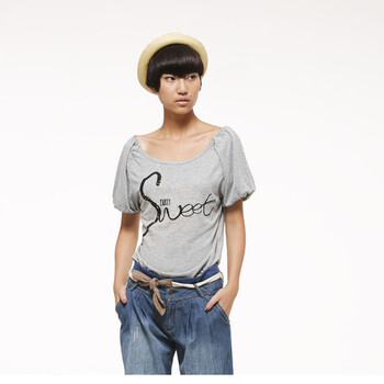 夏装2012新款 Gecom 女款 水钻字母印花甜美泡泡袖大领口圆领T恤 01030052 浅灰色 XL