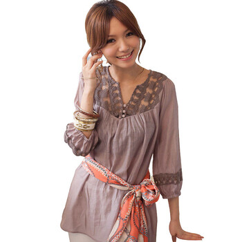 丽莎丽莎 lisalisa 七分袖纯色V领衬衫 AS1654 灰色 M
