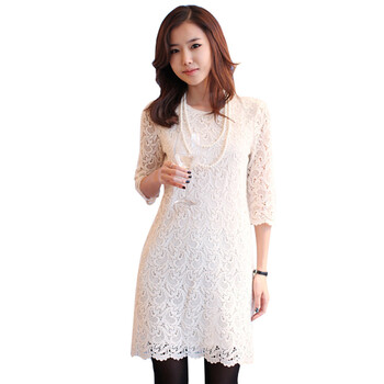 天空岛 韩国夏季新款女装手工刺绣蕾丝连衣裙 Q3120403I 白色 XL