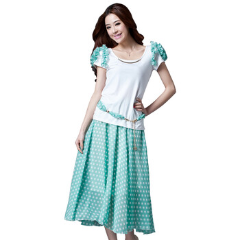 美丽故事*2012夏装新款韩版时尚休闲女装圆领T恤连衣裙长裙511732 淡绿白点 均码