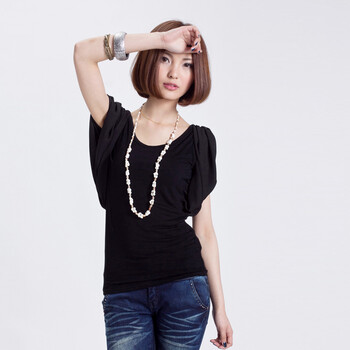 天使园 2012春夏新品T恤雪纺袖T恤女款白色黑色 WD11E-208 黑色 均码