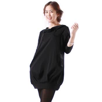 LIN'S莲 春夏新款韩版修身休闲连帽短款T裙 七分袖黑色针织连衣裙L0806 黑色 XL