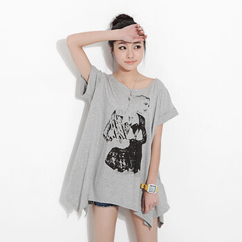 韩都衣舍 韩国2012夏装新款女圆领图案时尚短袖T恤NJ2064 灰色 M