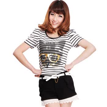 ranzukiy 短袖T恤 2012夏装新款女装 水墨眼镜猫咪 条纹泡泡袖 黑色 XL