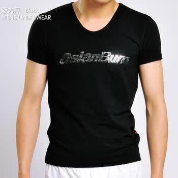 Asianbum烫银 男款圆领 休闲短袖T恤 高档纯棉修身T恤 H2103A 黑色 XL