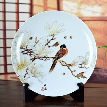 
                                                            瓷博 景德镇陶瓷盘子装饰看盘瓷器摆件工艺品 玉兰伯劳 酒柜玄关简约花鸟摆设                